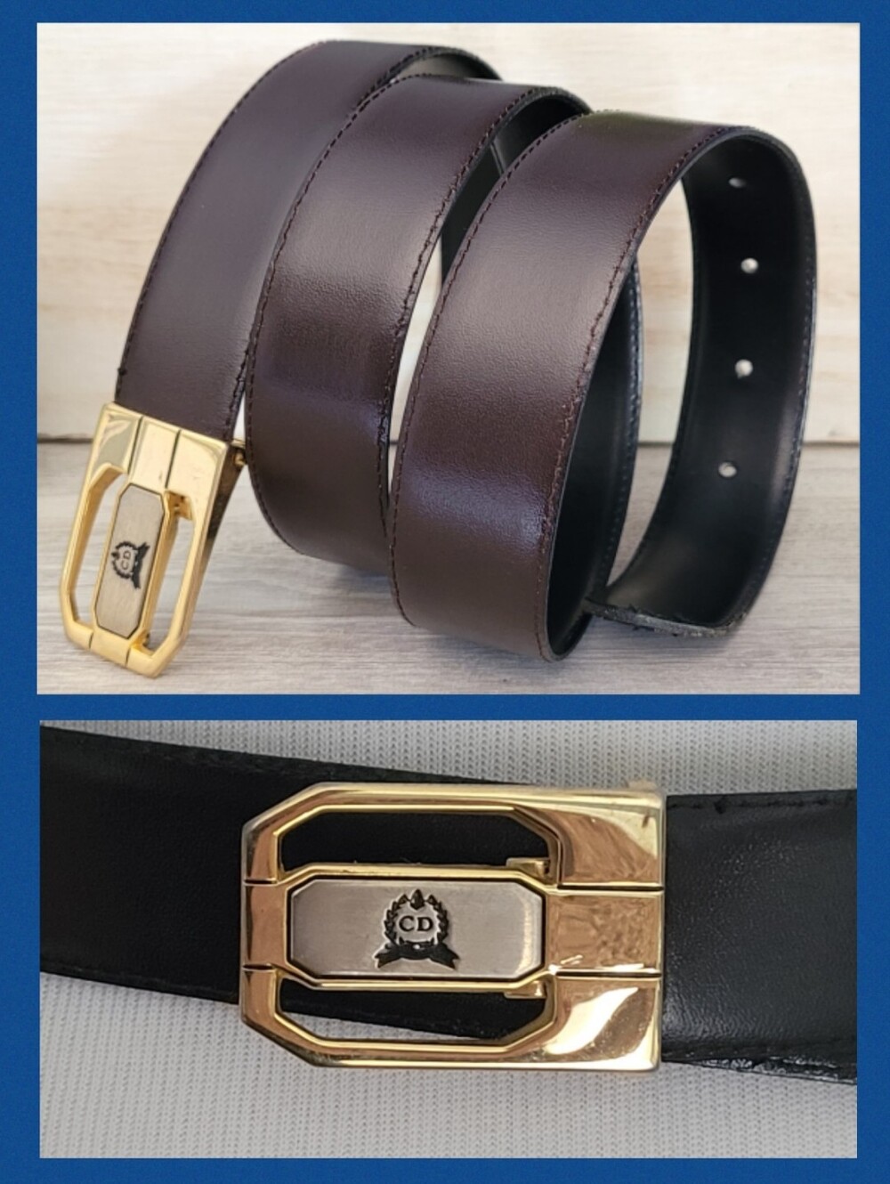 Christian Dior VTG Reversible Black Brown Leather Belt Gold Silver Buckle 34-38